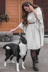 Beige Raw Edge Bell Sleeve Babydoll Dress