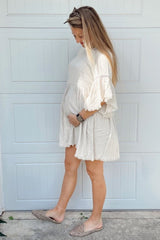 Beige Raw Edge Bell Sleeve Babydoll Maternity Dress