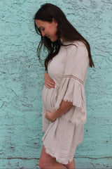 Beige Raw Edge Bell Sleeve Babydoll Maternity Dress