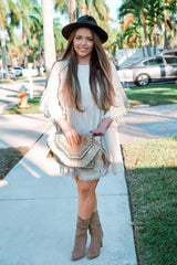 Beige Raw Edge Bell Sleeve Babydoll Dress