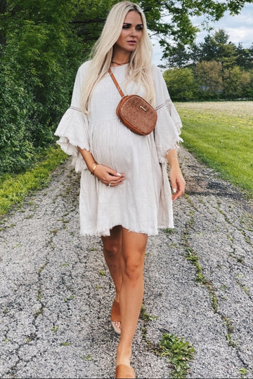 Beige Raw Edge Bell Sleeve Babydoll Maternity Dress