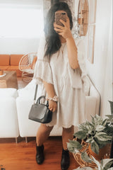 Beige Raw Edge Bell Sleeve Babydoll Dress