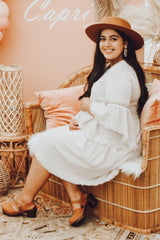 Beige Raw Edge Bell Sleeve Babydoll Maternity Dress