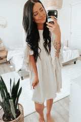 Beige Raw Edge Bell Sleeve Babydoll Dress