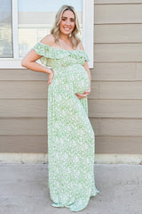 Green Floral Ruffle Off Shoulder Maternity Maxi Dress