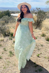 Green Floral Ruffle Off Shoulder Maxi Dress