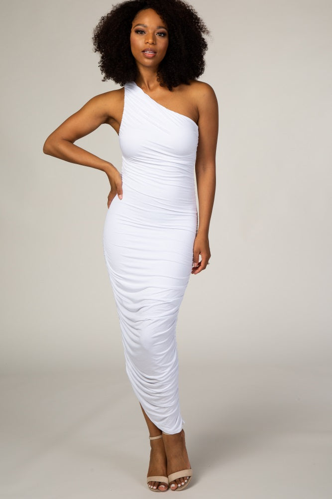 White Ruched One Shoulder Maternity Dress