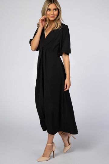Black Open Sleeve Wrap Midi Dress