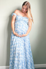 Blue Floral Flutter Sleeve Maternity Maxi Dress