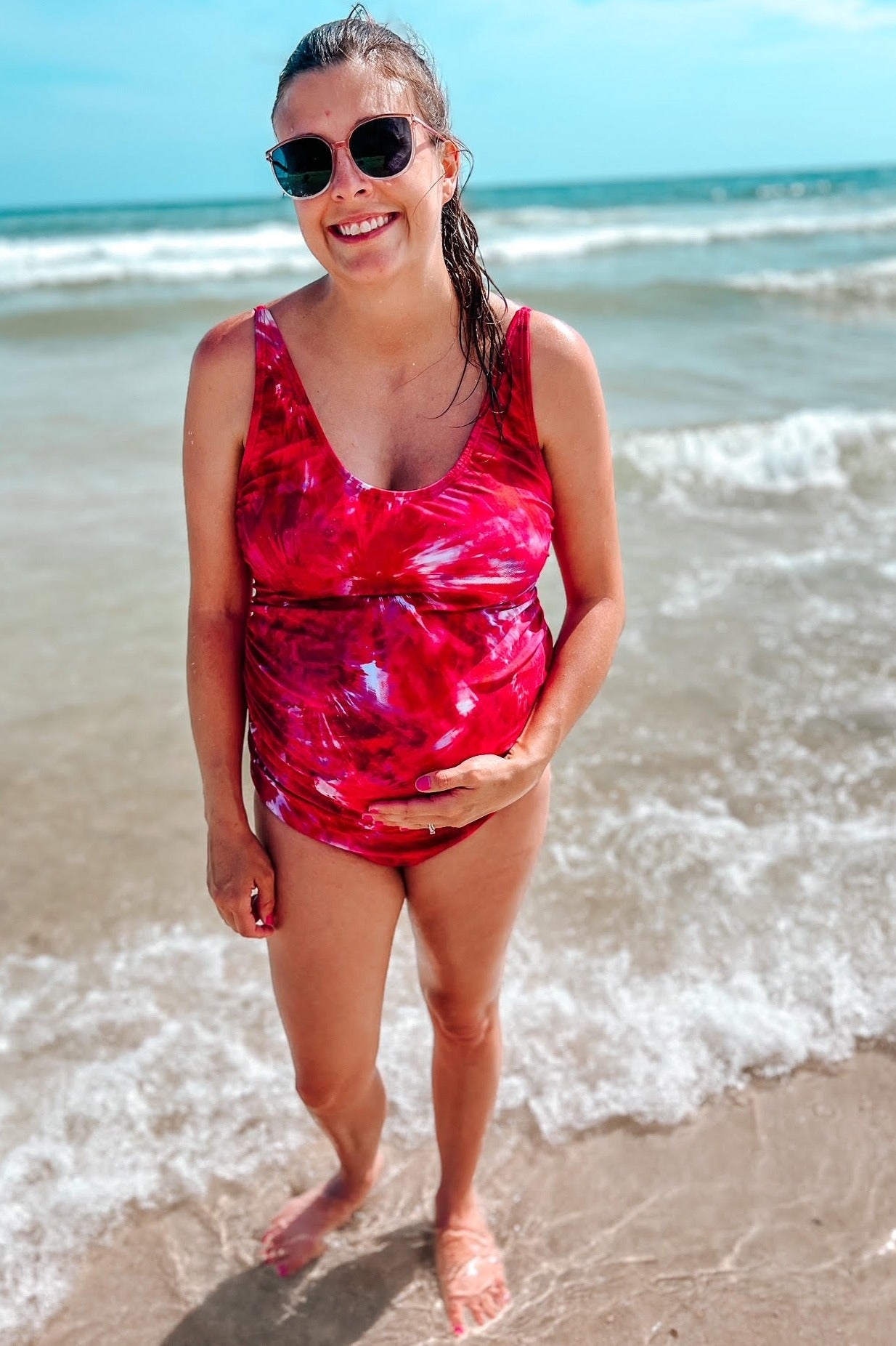 Fuchsia Tie Dye Scoop Front Low Back Ruched One-Piece Maternity Swimsuit
