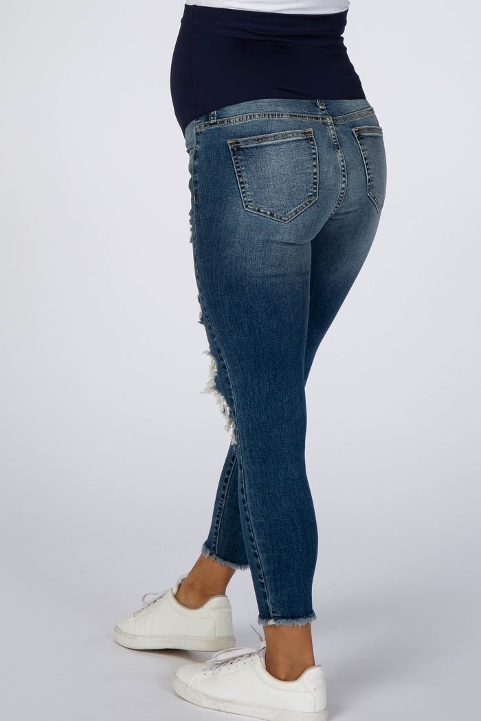 Navy Blue Ripped Knee Distressed Crop Maternity Jeans