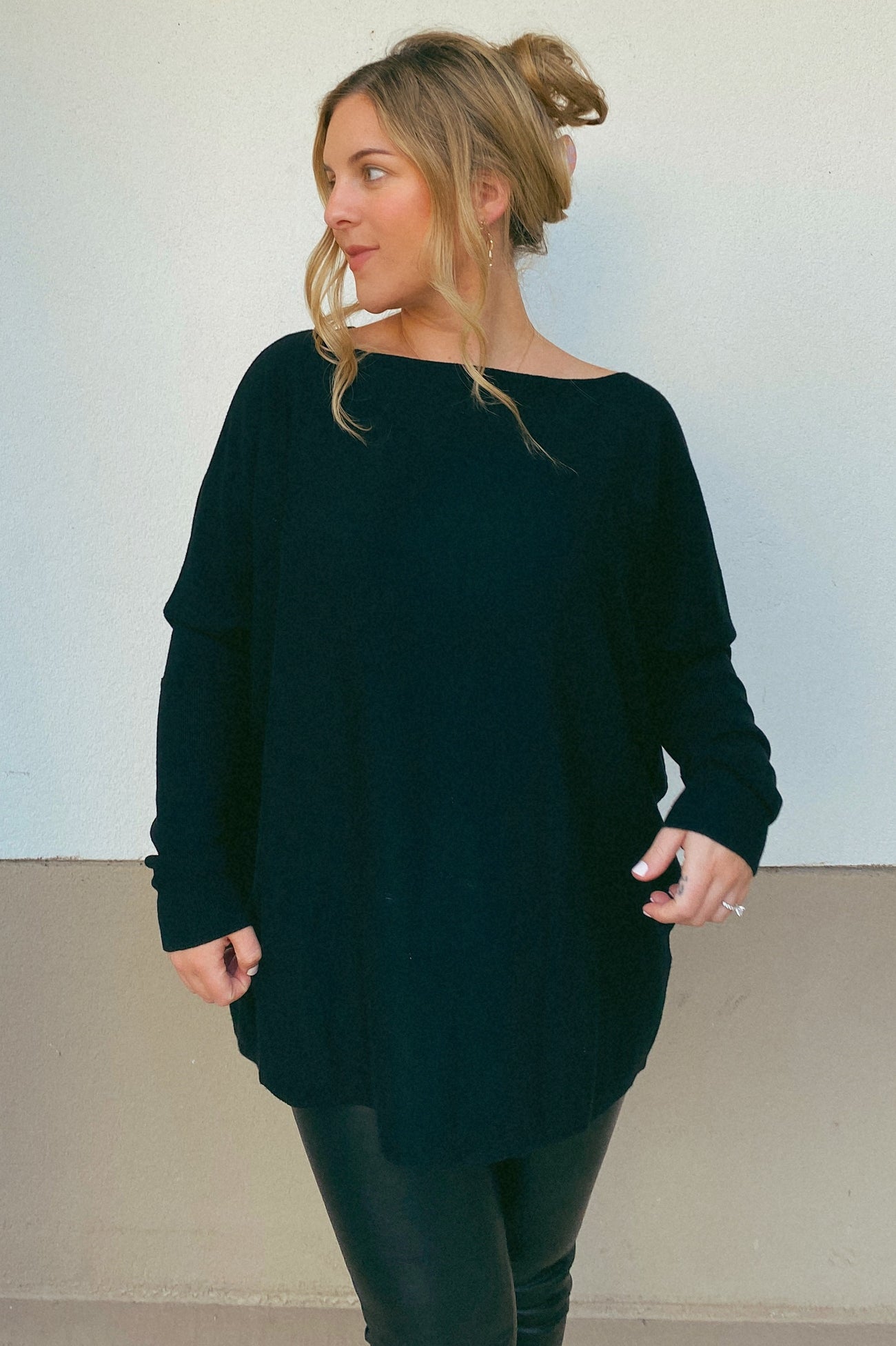 Black Soft Knit Boatneck Dolman Sleeve Sweater