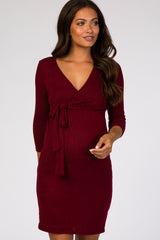 Burgundy Brushed Knit Wrap Fitted Maternity/Nursing Dress