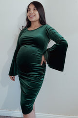 Forest Green Velvet Ruched Bell Sleeve Maternity Dress