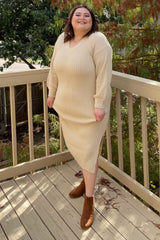 Beige V-Neck Ribbed Sweater Dress