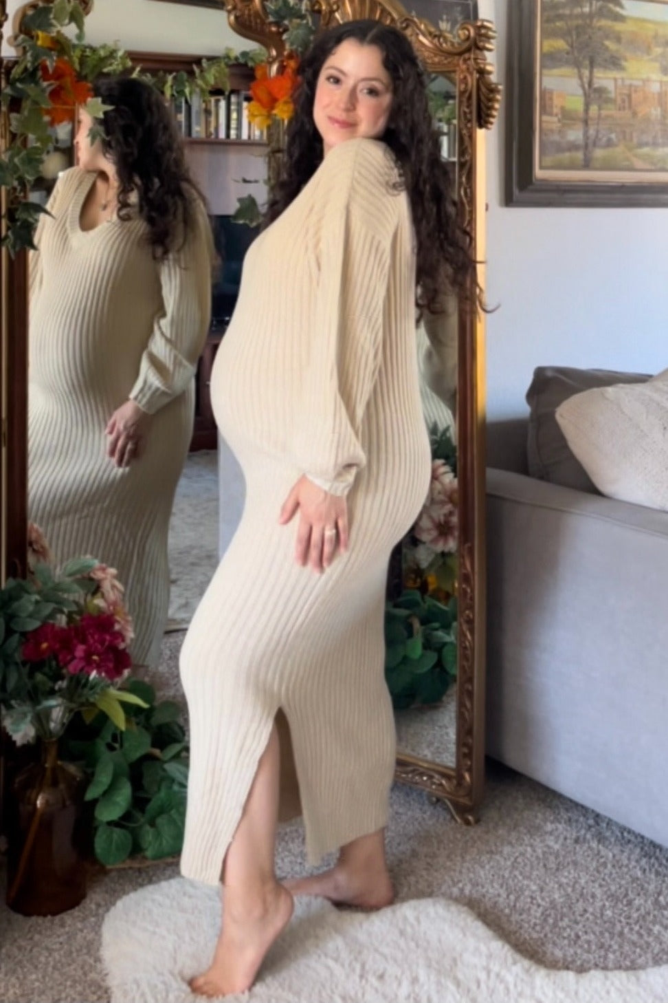 Beige V-Neck Ribbed Maternity Sweater Dress