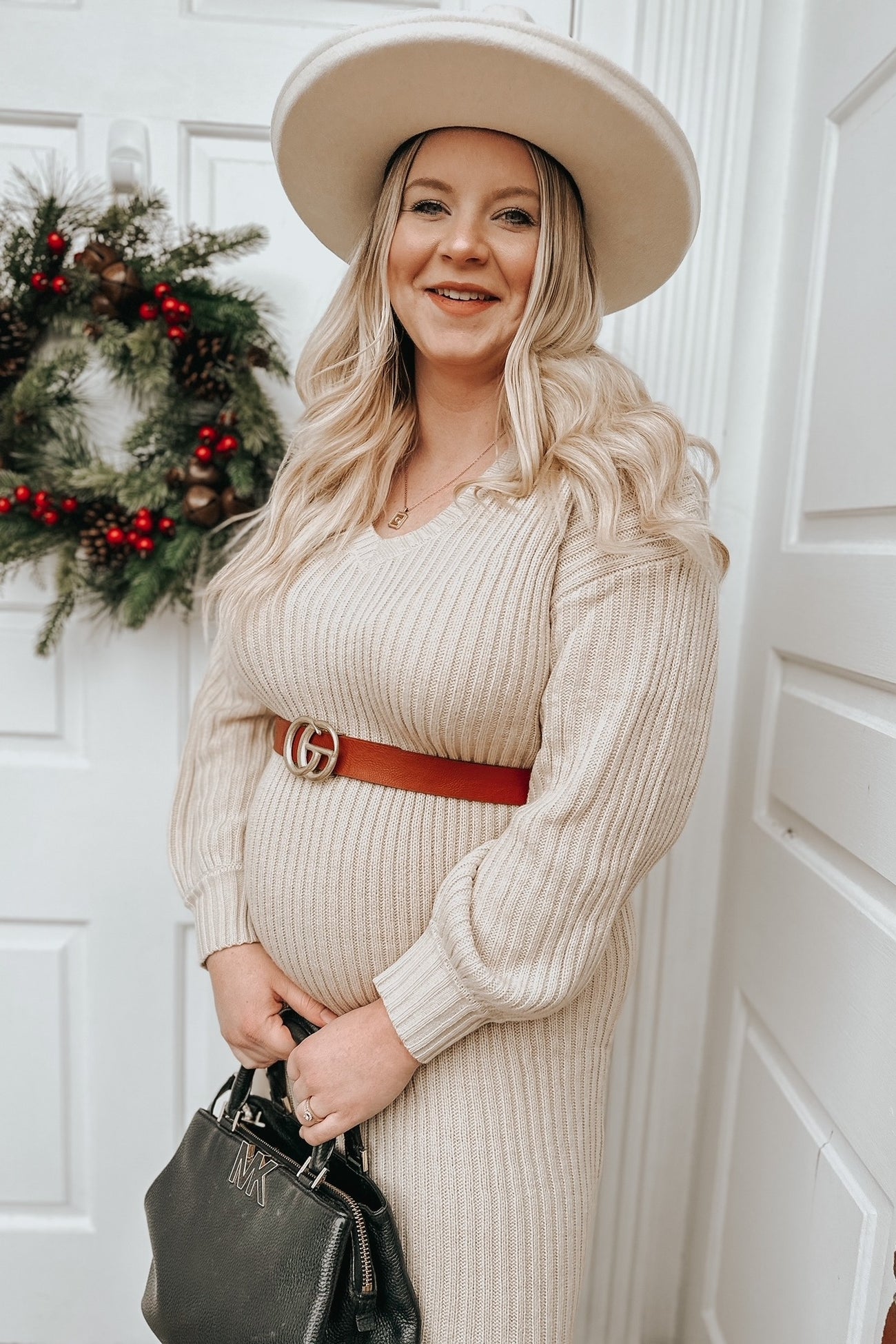 Beige V-Neck Ribbed Maternity Sweater Dress
