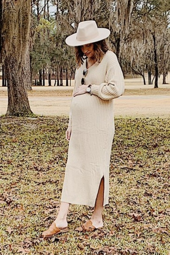 Beige V-Neck Ribbed Maternity Sweater Dress