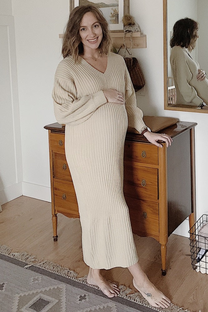 Beige V-Neck Ribbed Maternity Sweater Dress