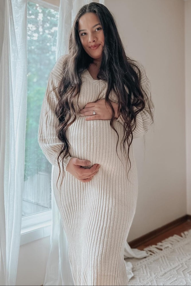Beige V-Neck Ribbed Maternity Sweater Dress