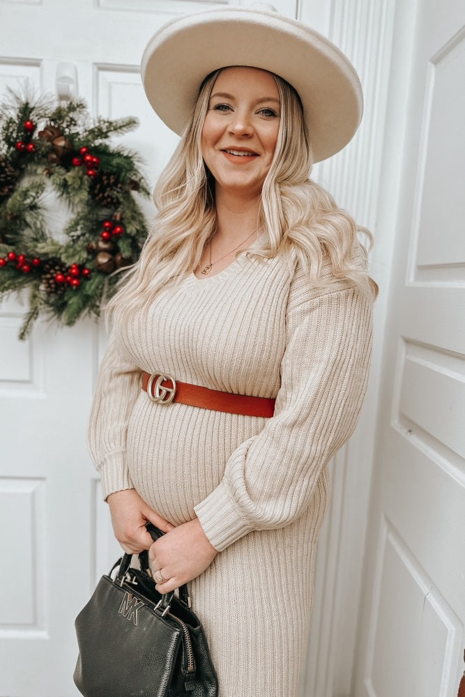 Beige V-Neck Ribbed Maternity Sweater Dress