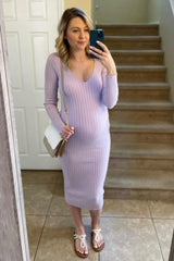 Lavender V-Neck Long Sleeve Fitted Maternity Maxi Dress
