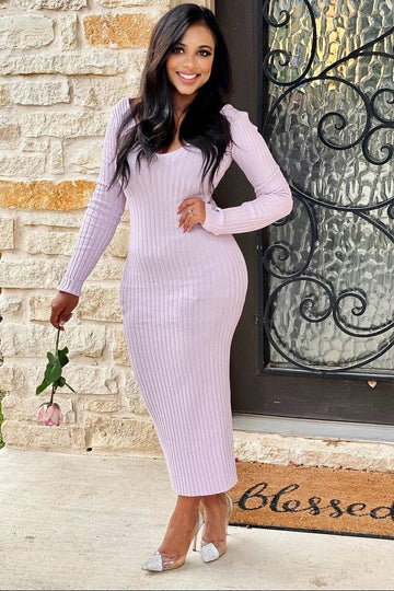 Lavender V-Neck Long Sleeve Fitted Maxi Dress