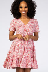 Red Floral Ruffle Tiered Button Front Dress
