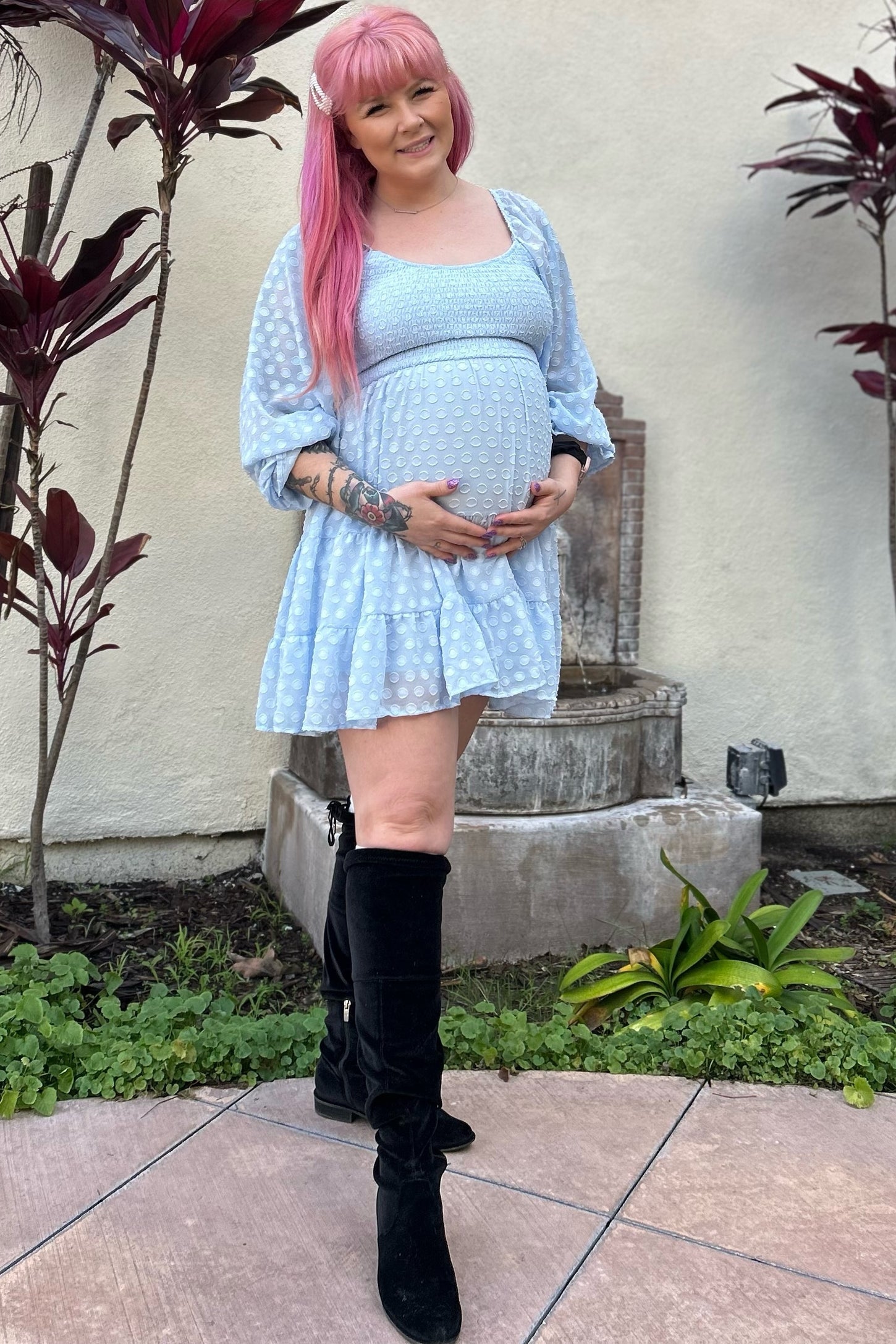 Light Blue Smocked Polka Dot Long Sleeve Maternity Dress