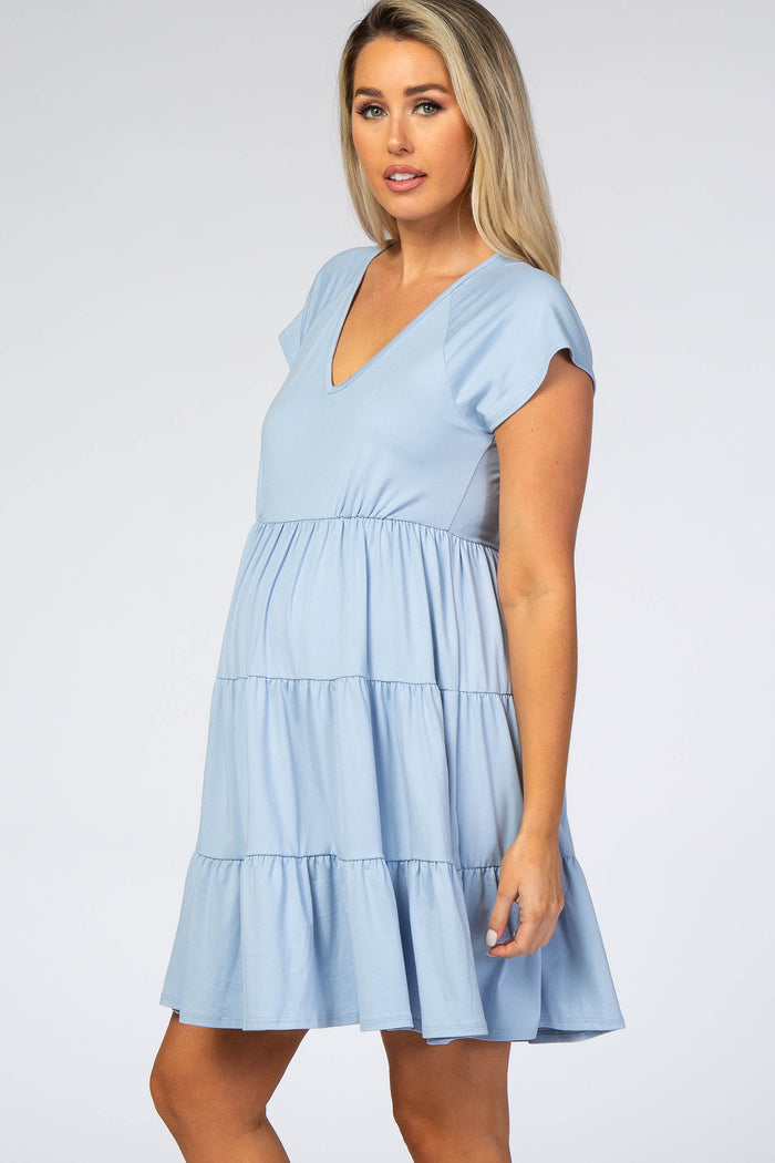 Light Blue Tiered Maternity Dress