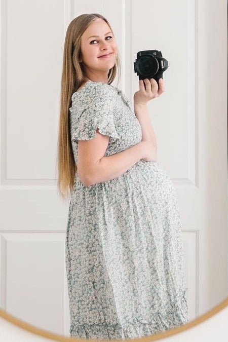 Light Blue Floral Ruffle Maternity Midi Dress