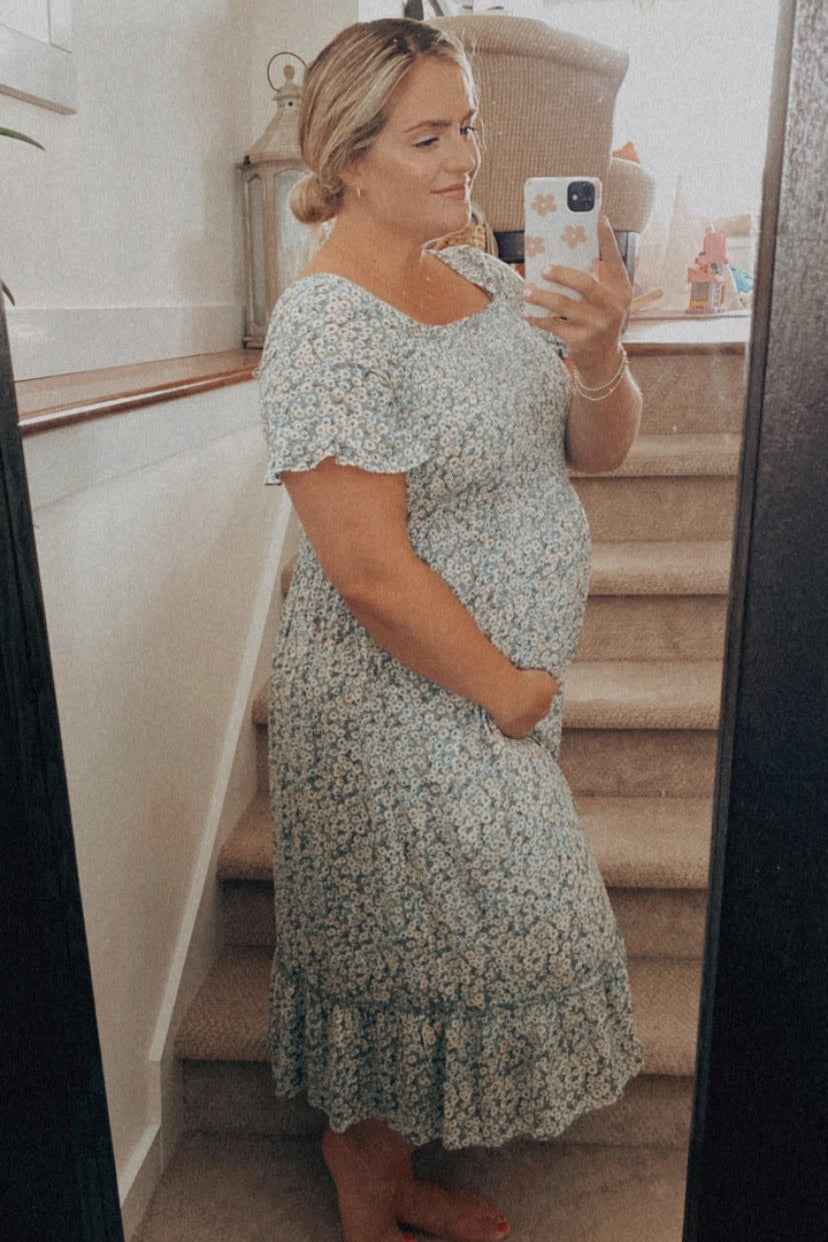 Light Blue Floral Ruffle Maternity Midi Dress
