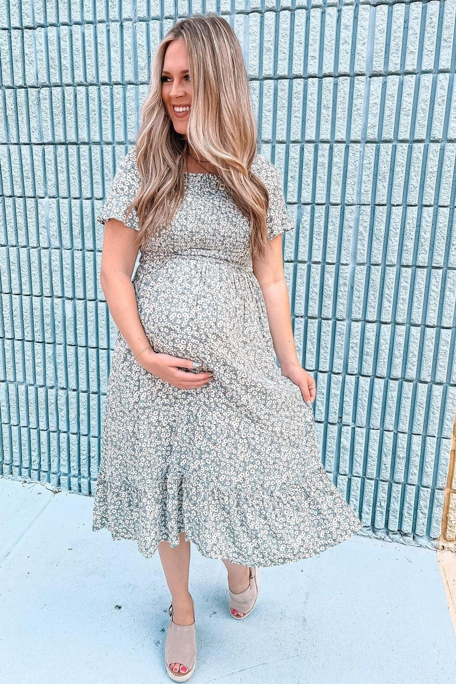 Light Blue Floral Ruffle Maternity Midi Dress