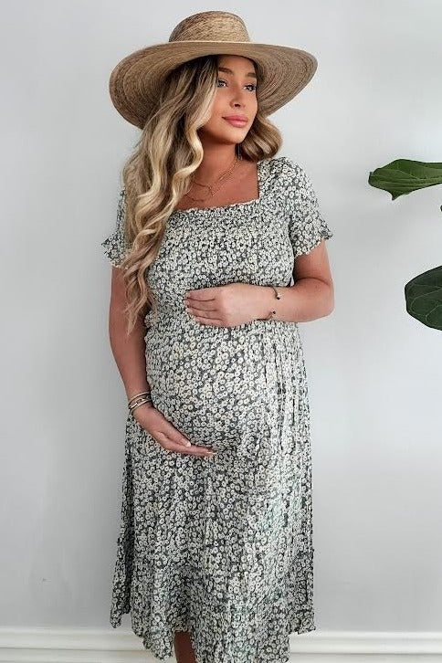 Light Blue Floral Ruffle Maternity Midi Dress