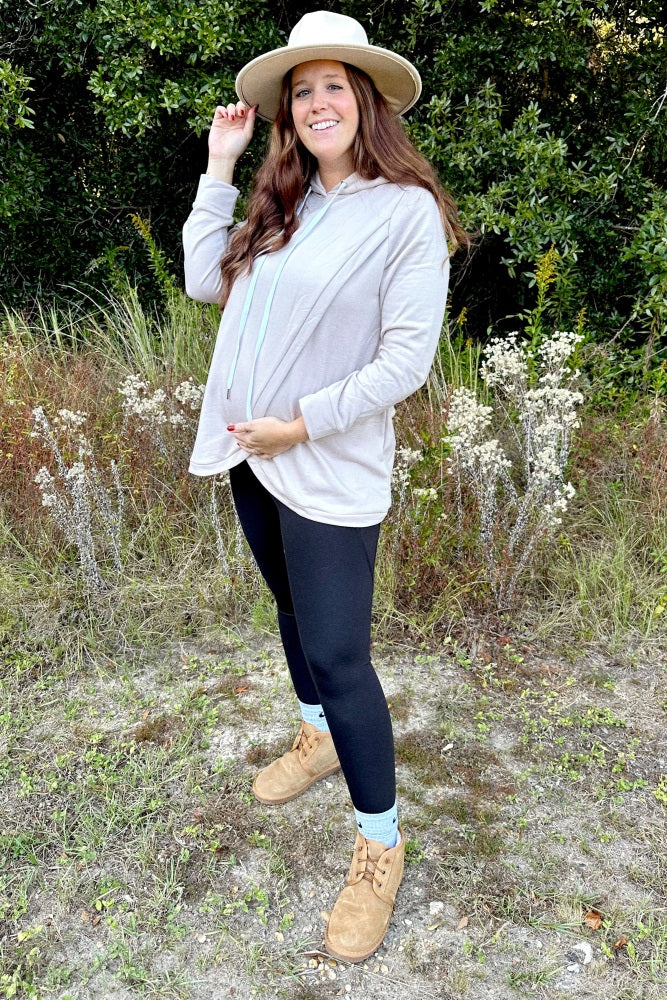 Light Taupe Layered Front Maternity/Nursing Fleece Hoodie