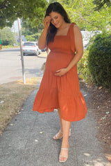 Rust Bow Strap Tiered Maternity Midi Dress