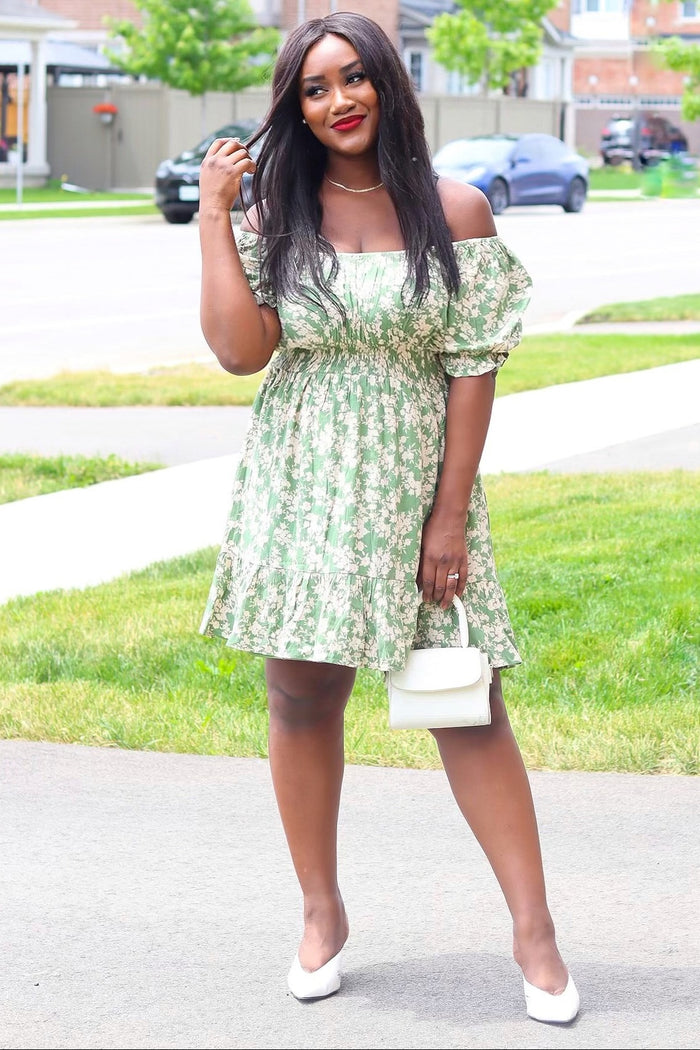 Green Floral Off Shoulder Mini Dress
