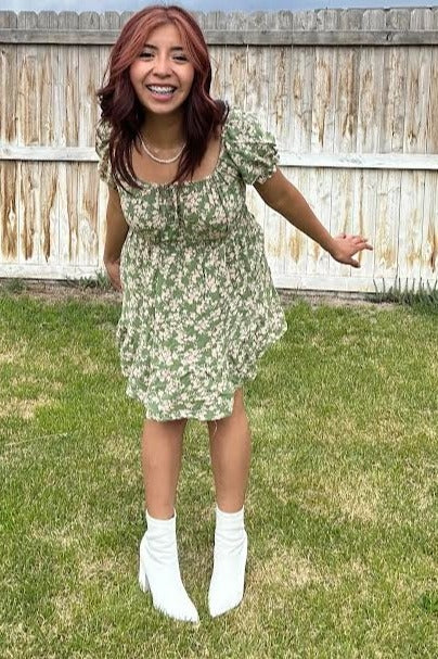 Green Floral Off Shoulder Mini Dress