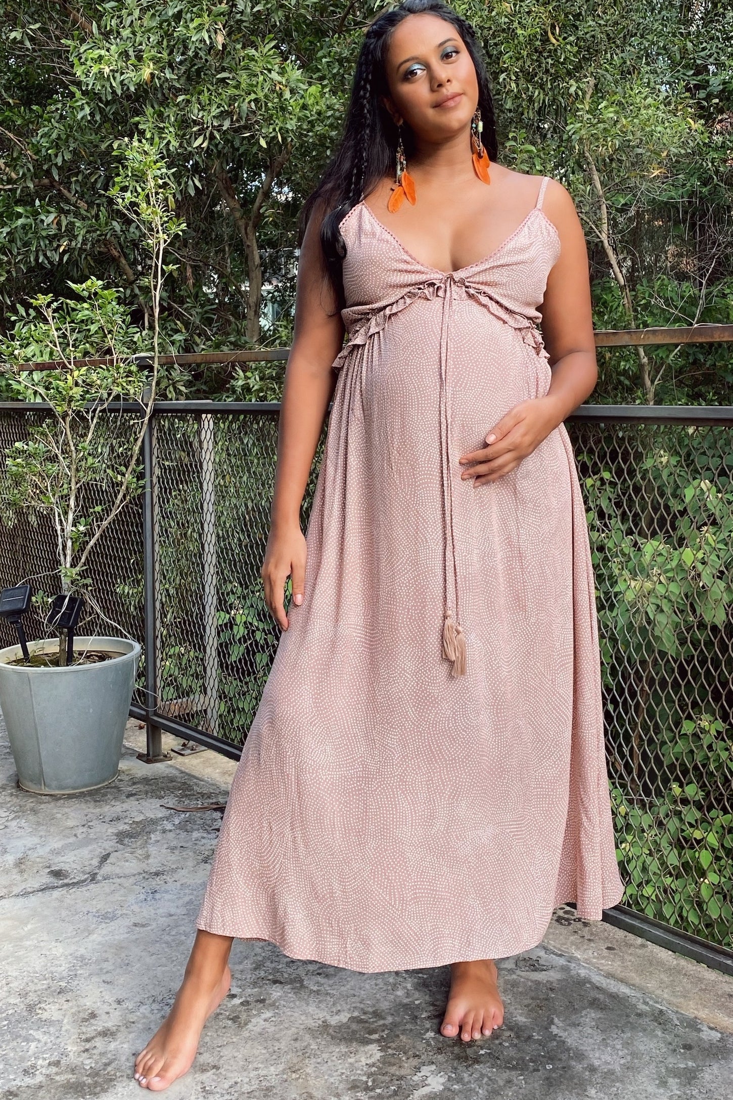 Light Mocha Dot Print V-Neck Maternity Midi Dress