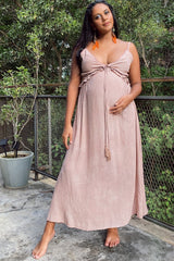 Light Mocha Dot Print V-Neck Maternity Midi Dress