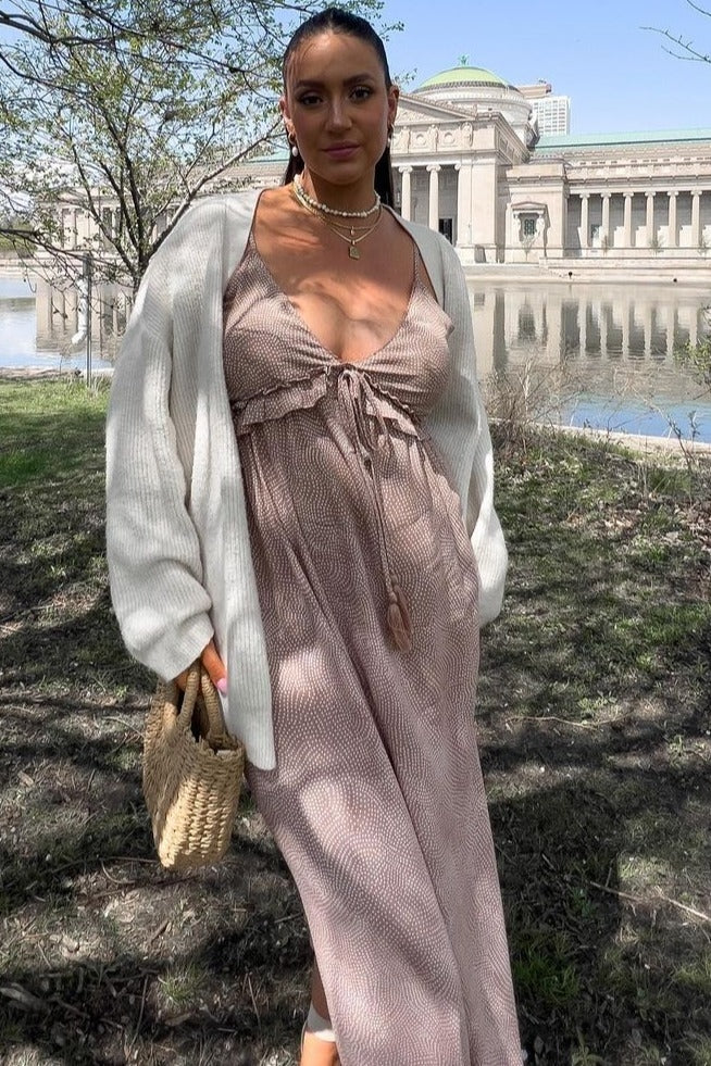 Light Mocha Dot Print V-Neck Midi Dress