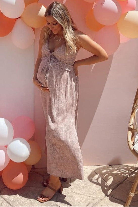 Light Mocha Dot Print V-Neck Maternity Midi Dress