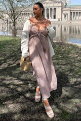 Light Mocha Dot Print V-Neck Midi Dress