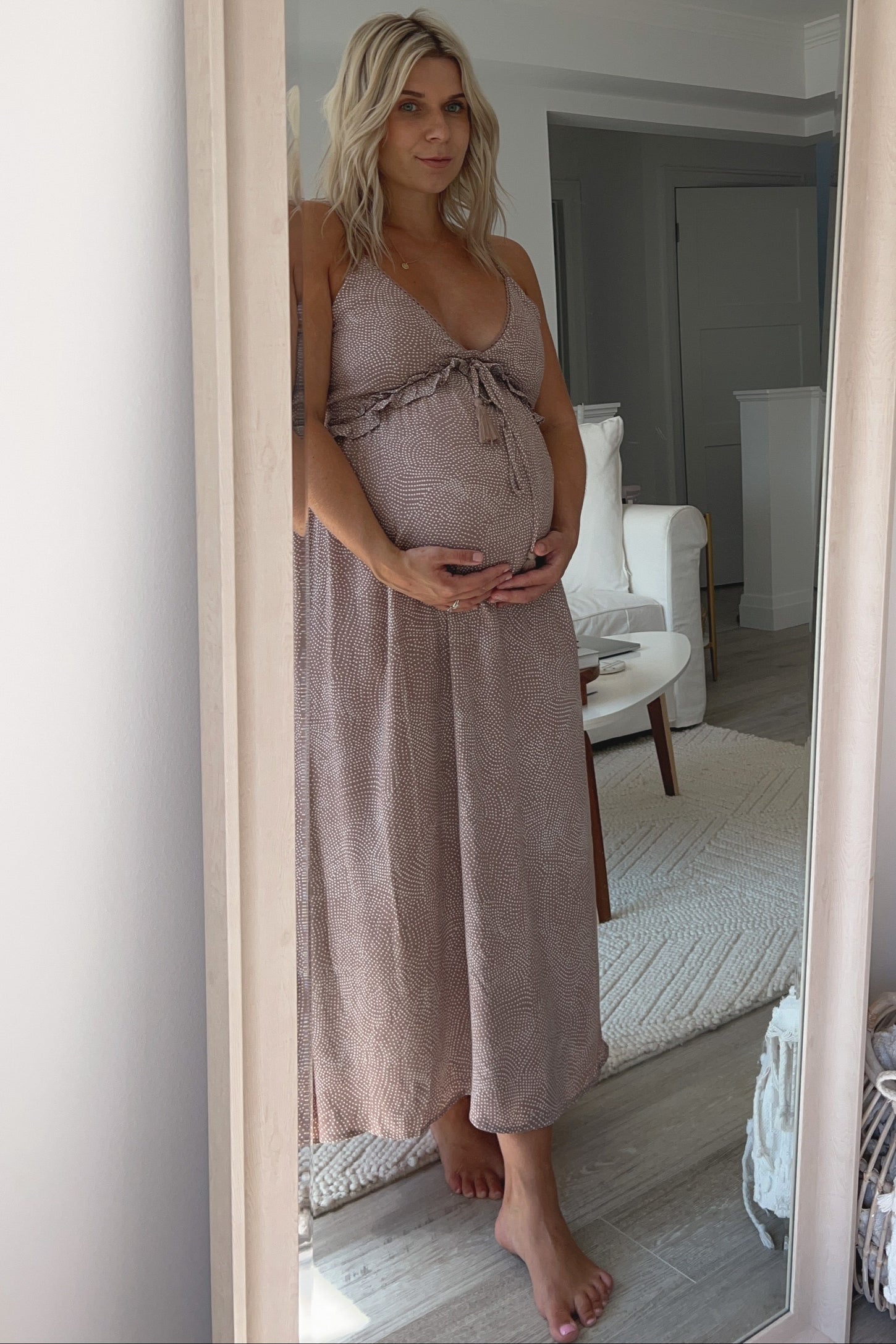 Light Mocha Dot Print V-Neck Maternity Midi Dress