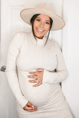 Beige Ribbed Mock Neck Fitted Maternity Dress