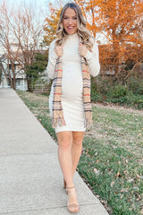 Beige Ribbed Mock Neck Fitted Maternity Dress