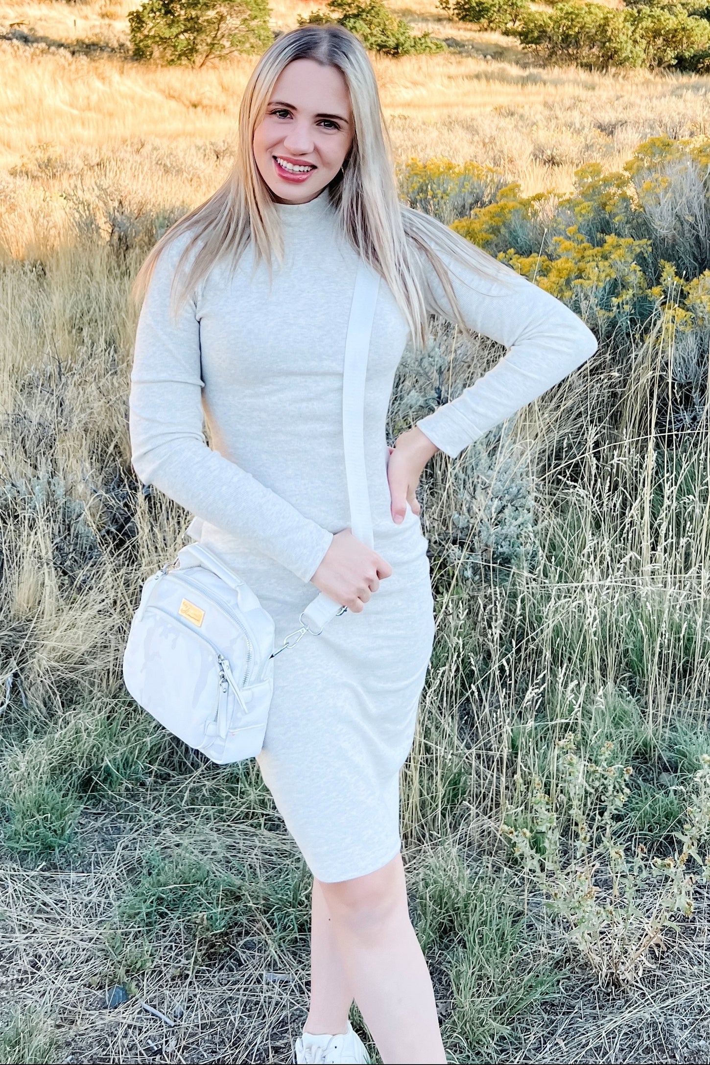 Beige Ribbed Mock Neck Fitted Dress