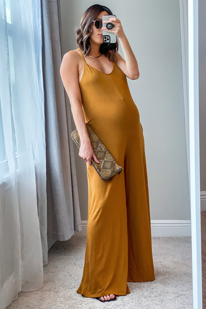Camel Cross Back Wide Leg Maternity Jumpsuit