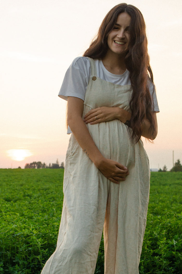 Beige Linen Maternity Overalls
