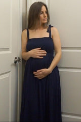 Navy Blue Smocked Tie Strap Maternity Midi Dress